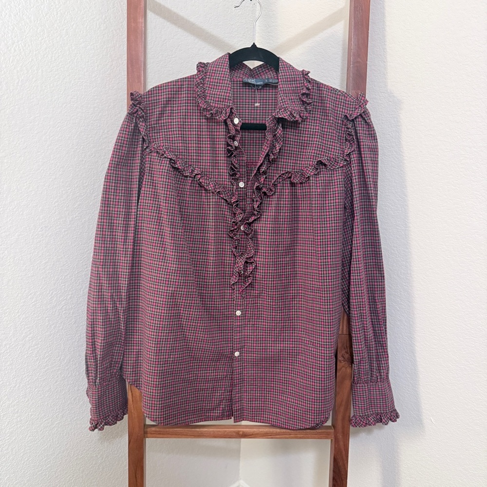 Polo by Ralph Lauren Red and Green Plaid Ruffle Trim Button Up Blouse Size Lg